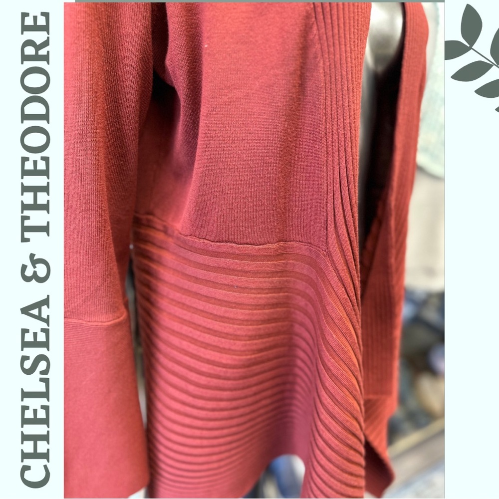 Chelsea & Theodore Waterfall Cardigan Sweater Ribbed Brick Red Orange Size Large - Picture 8 of 8